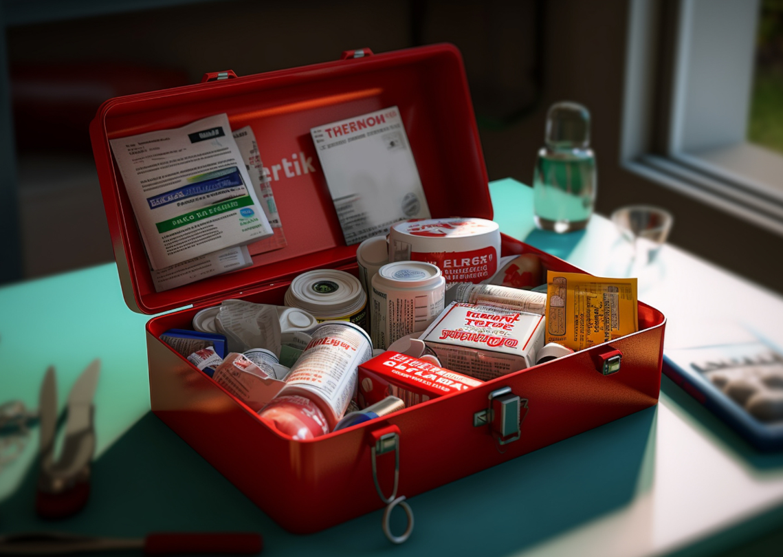 Open red first aid kit containing bandages, medical supplies, and emergency care items