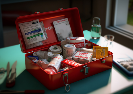 Open red first aid kit containing bandages, medical supplies, and emergency care items