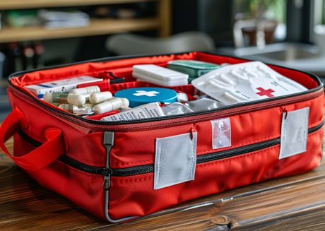 Open red first aid kit with bandages and pill bottles