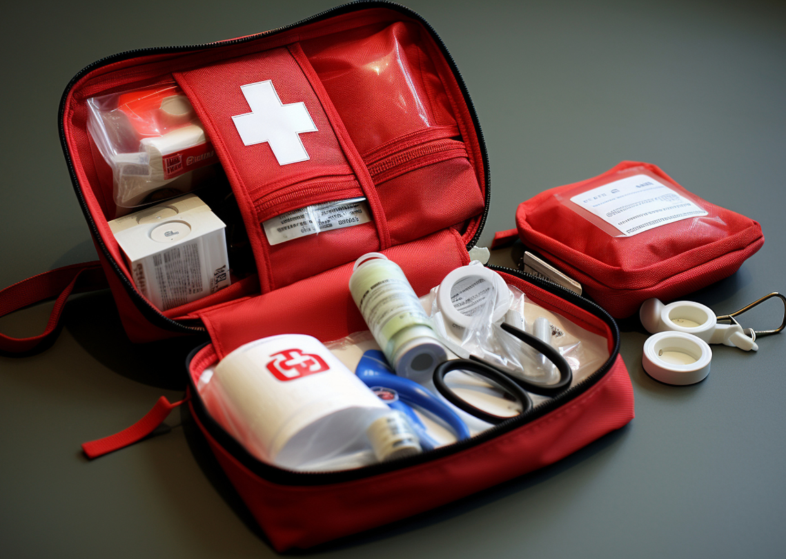 Open first aid kit containing medical supplies and emergency care items.