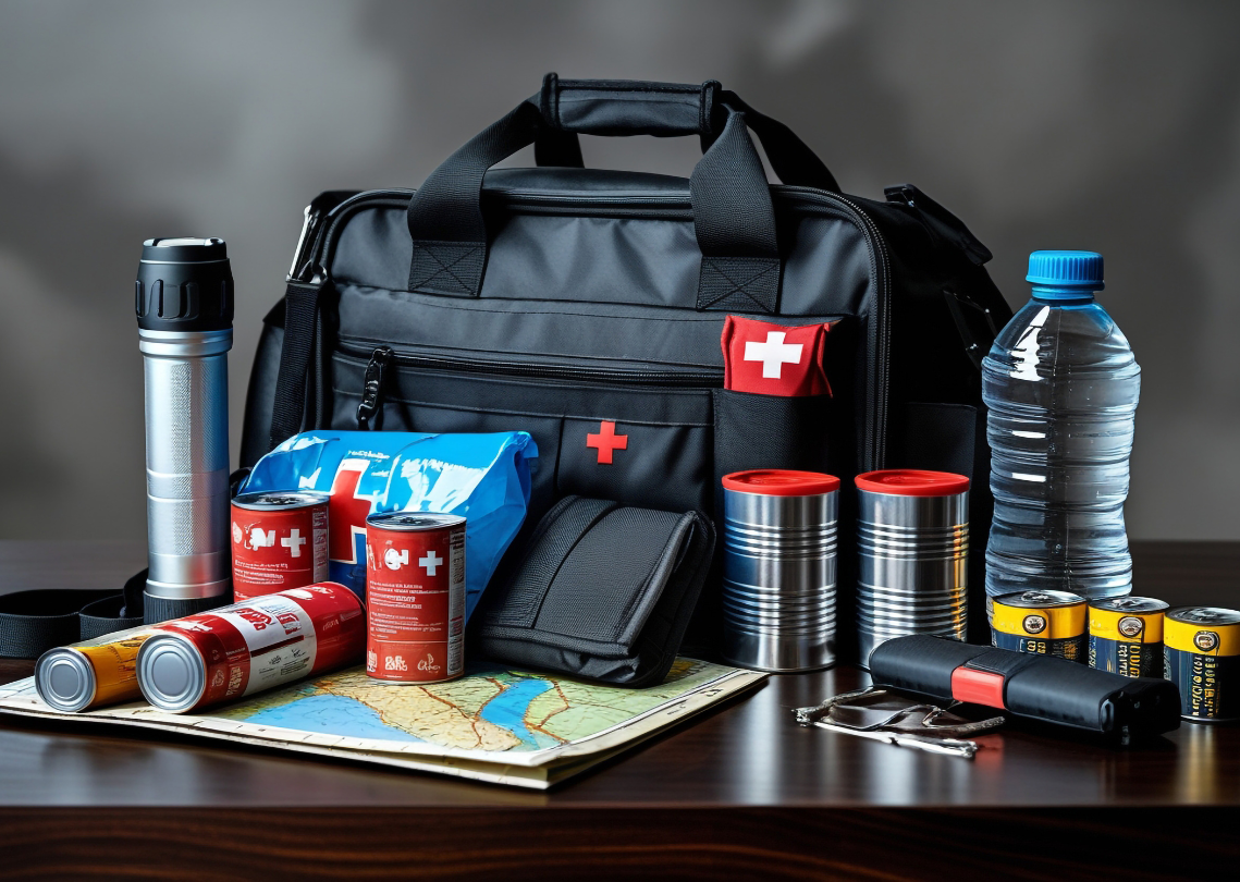 Emergency kit with essentials like food, water, flashlight, and first aid tools