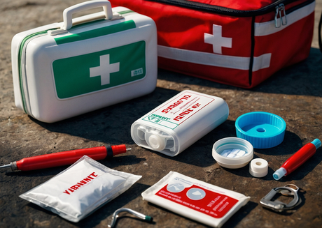 First aid kits with medical supplies, tape, and small emergency tools