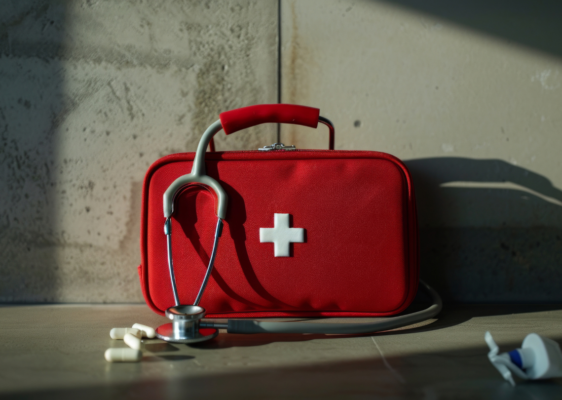 Red first aid bag with a stethoscope placed against a concrete wall.