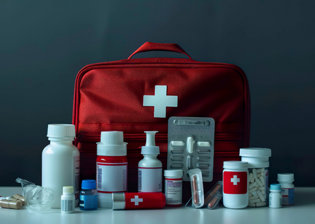 First aid kit with pill bottles, tablets, and medical containers.
