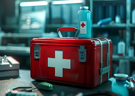 First aid kit with medical bottle and supplies