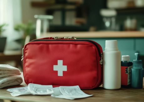 First aid kit with bottles, bandages, and towels on a table
