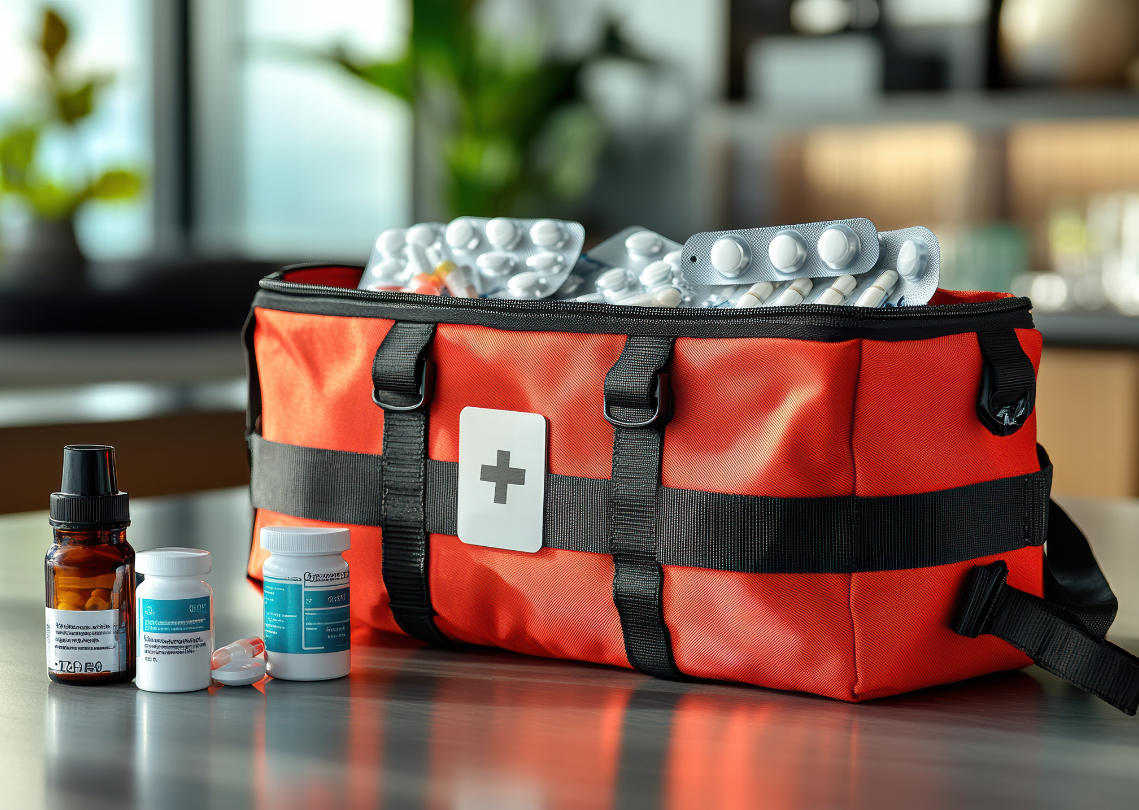 Red medical kit with pills and bottles on table