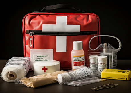 Red first aid kit with basic medical supplies