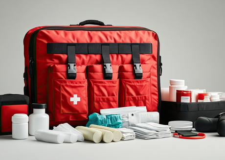 Red emergency kit with gauze, tape, scissors, and antiseptics