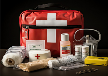 Red first aid kit with gauze, iodine, peroxide, and mask.
