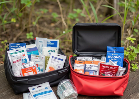 Two open first aid kits on table