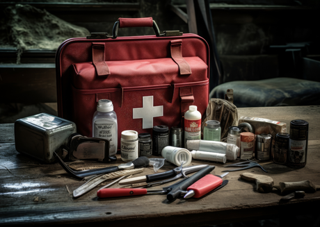 First aid kit with tools on a wooden table