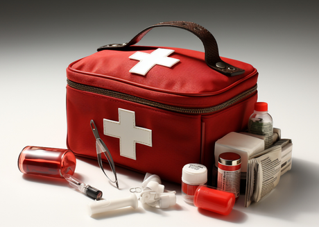 Red first aid kit with tape, and gauze etc.