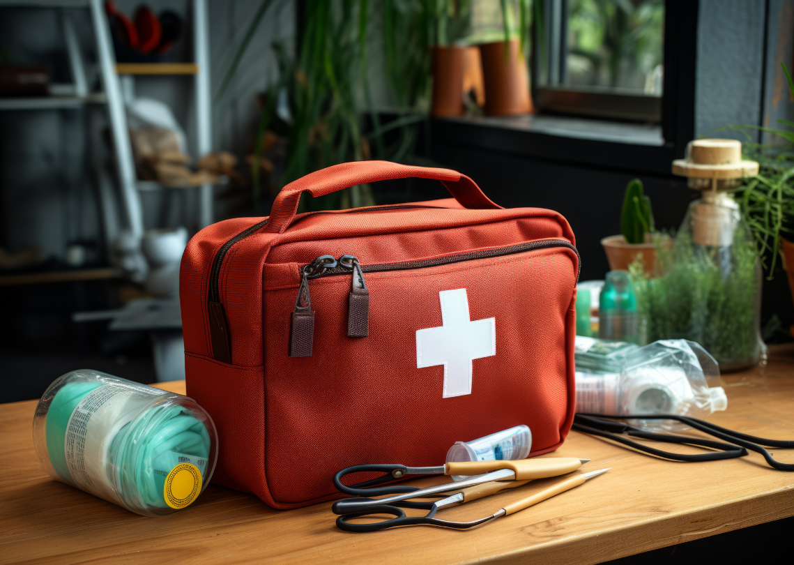 Red first aid kit with medical supplies on a table