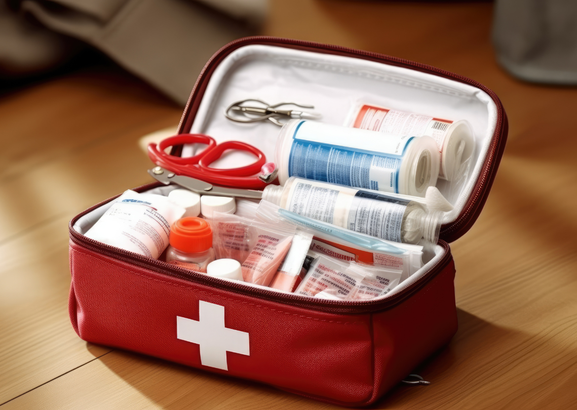 Red first-aid kit filled with essential medical supplies on a wooden table