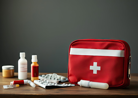 A red first-aid kit with medicines and medical supplies placed on a table.
