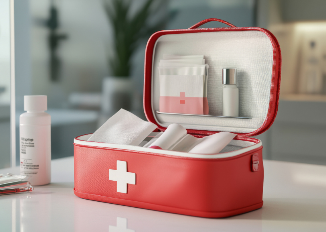 Open first aid kit in a white background 