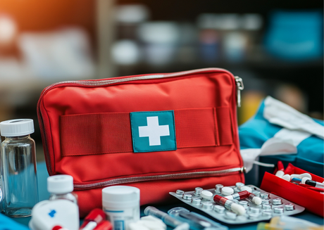Red first-aid kit surrounded by medicines and medical supplies.