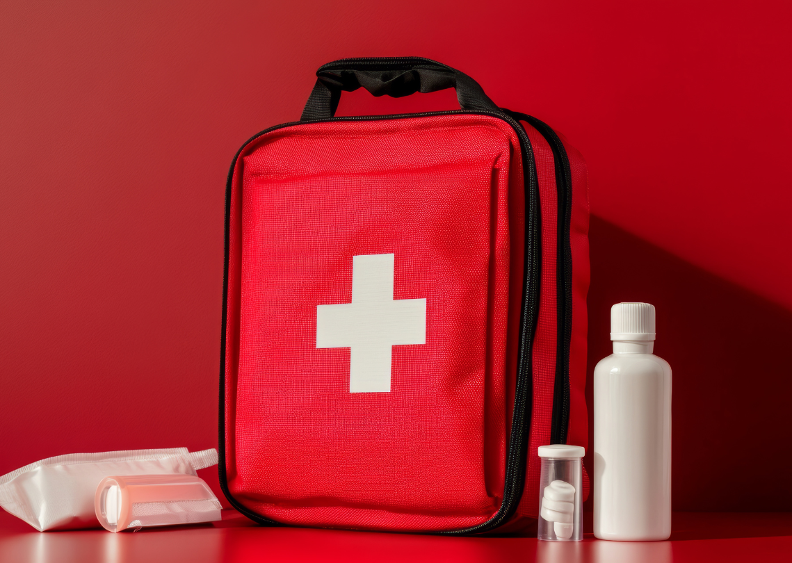Emergency first aid bag on red background
