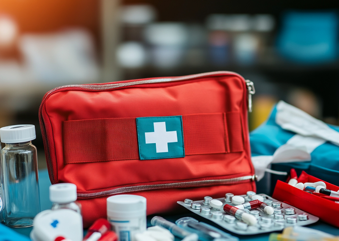 Open first aid bag on a table