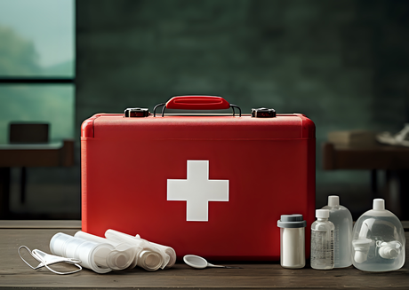Red medical case with bandages and bottles.