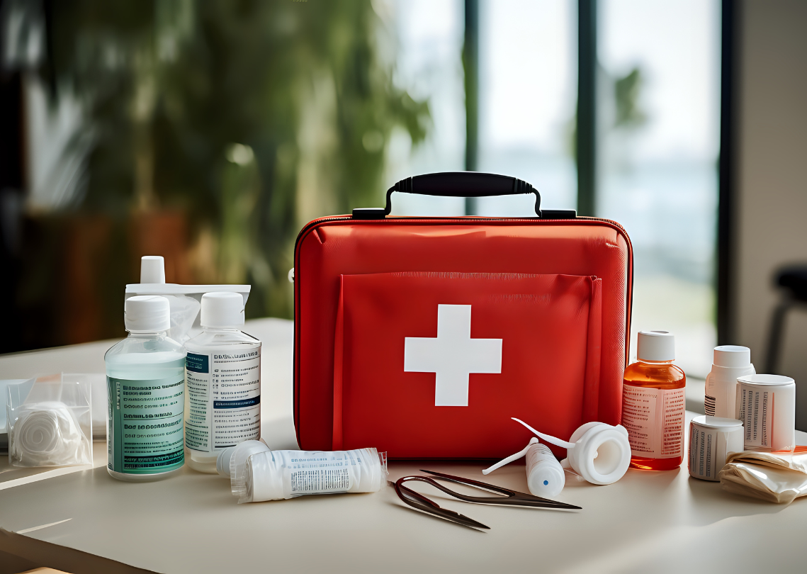 First aid kit with white cross