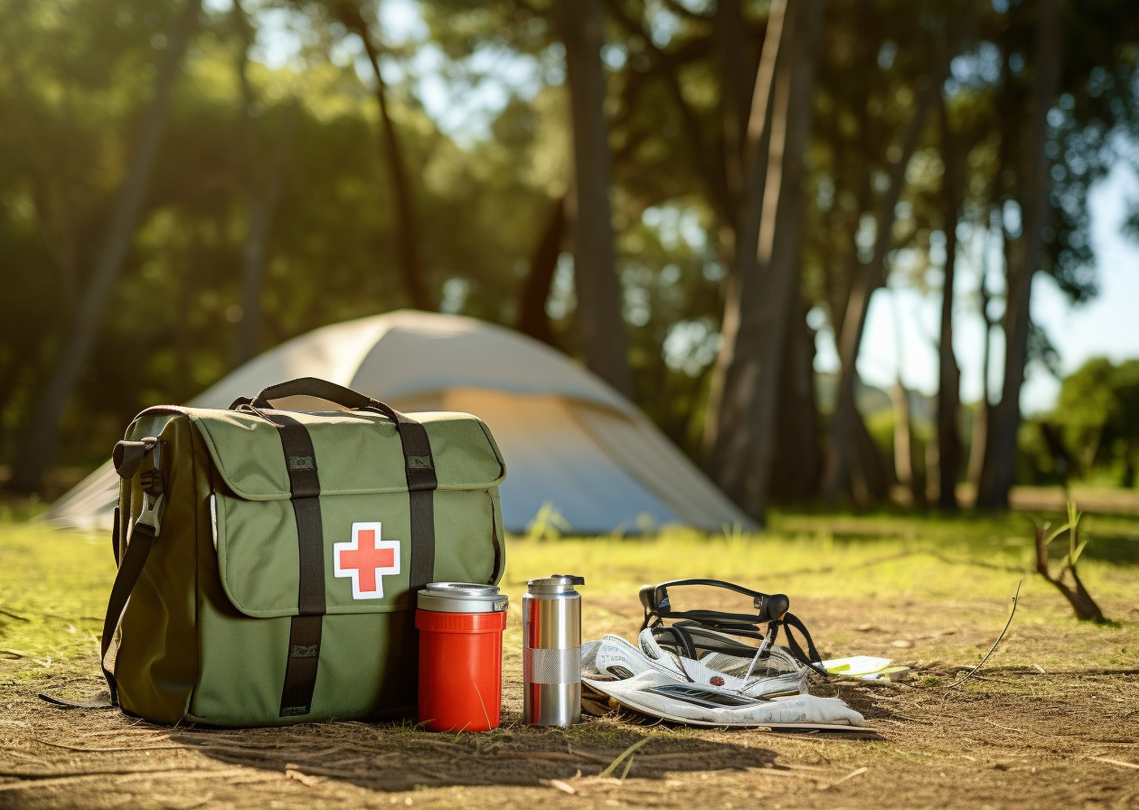 First aid kit near a camping tent