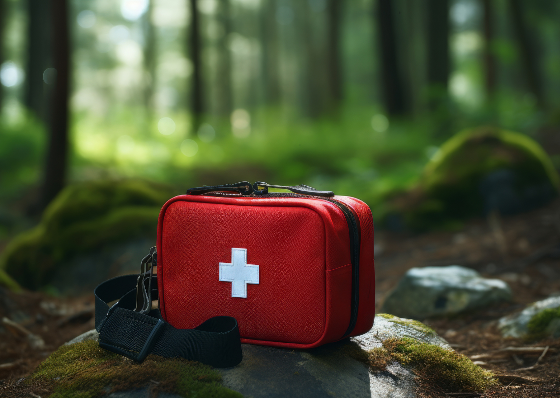 Red first aid kit with white cross in a forest.