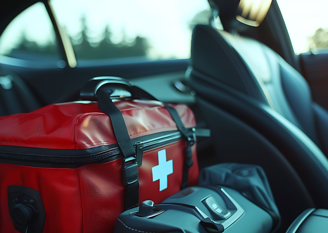Red first-aid kit with a white cross placed on the back seat of a car