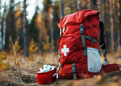 Red backpack with a first aid kit outdoors.