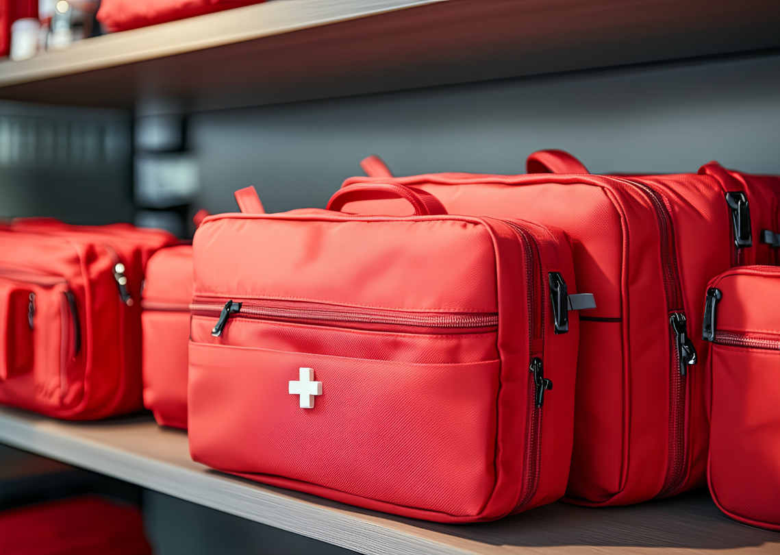 Red first aid kits with white cross symbols neatly arranged on shelves