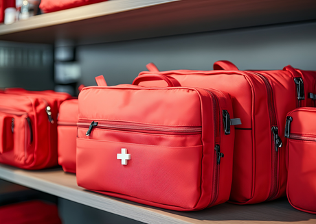 Red first aid kits with white cross symbols neatly arranged on shelves