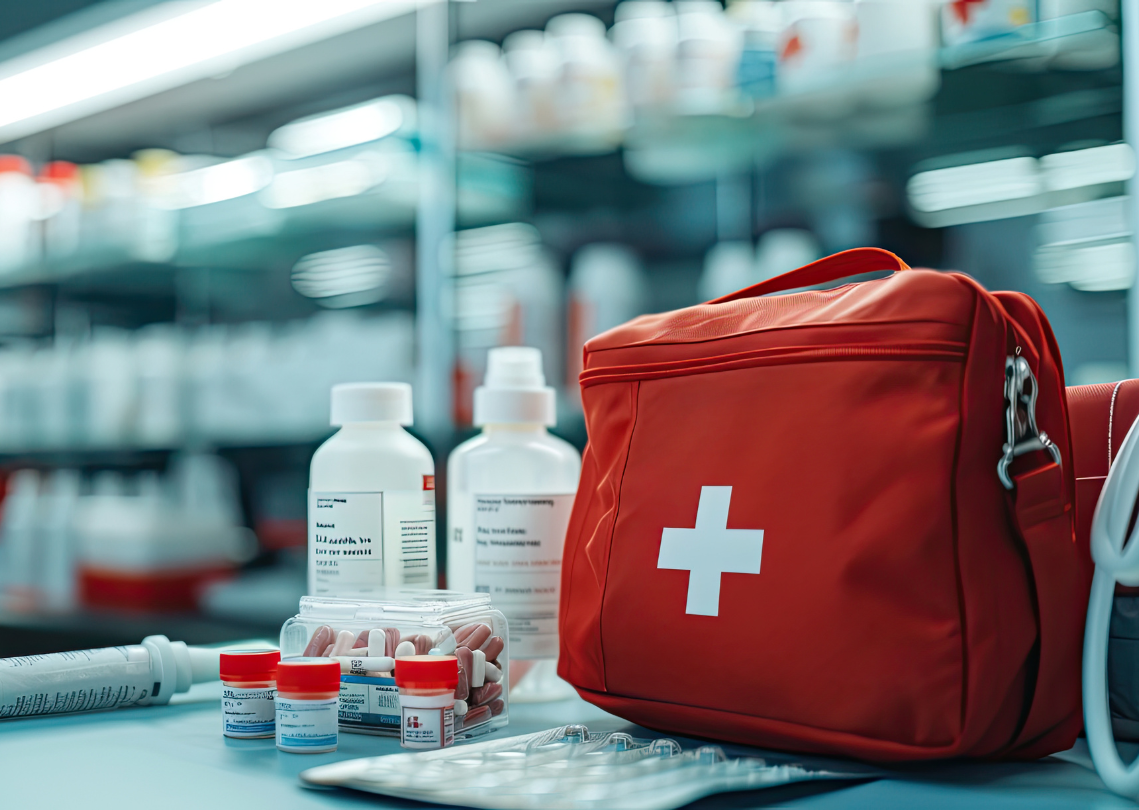 Red first aid kit with medical supplies.