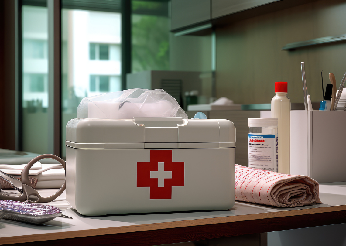 White first aid kit with red cross 