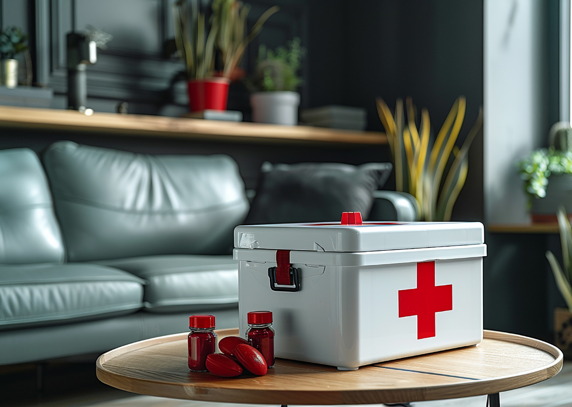 First aid box on a coffee table.