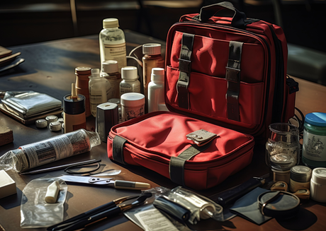 A red medical bag surrounded by various items on a table