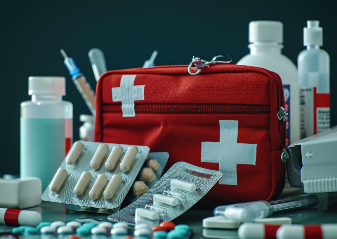 Red first aid kit with medicines.