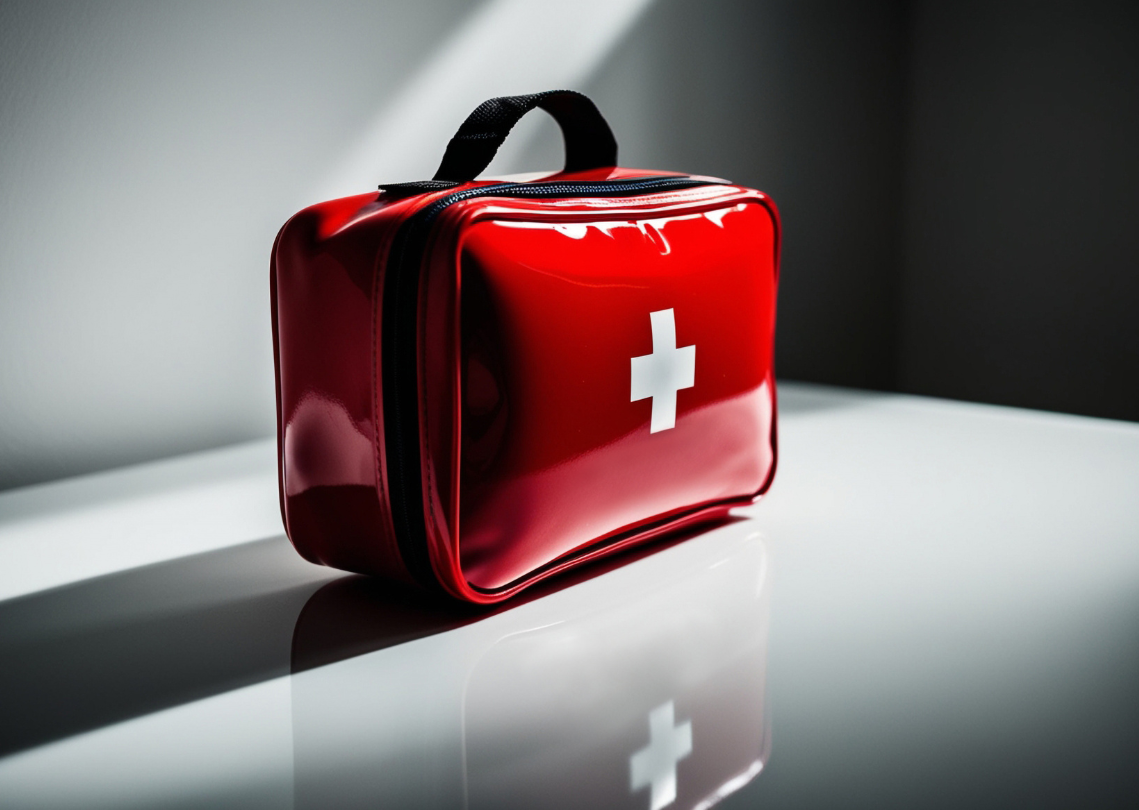 Red first aid kit on a white surface.