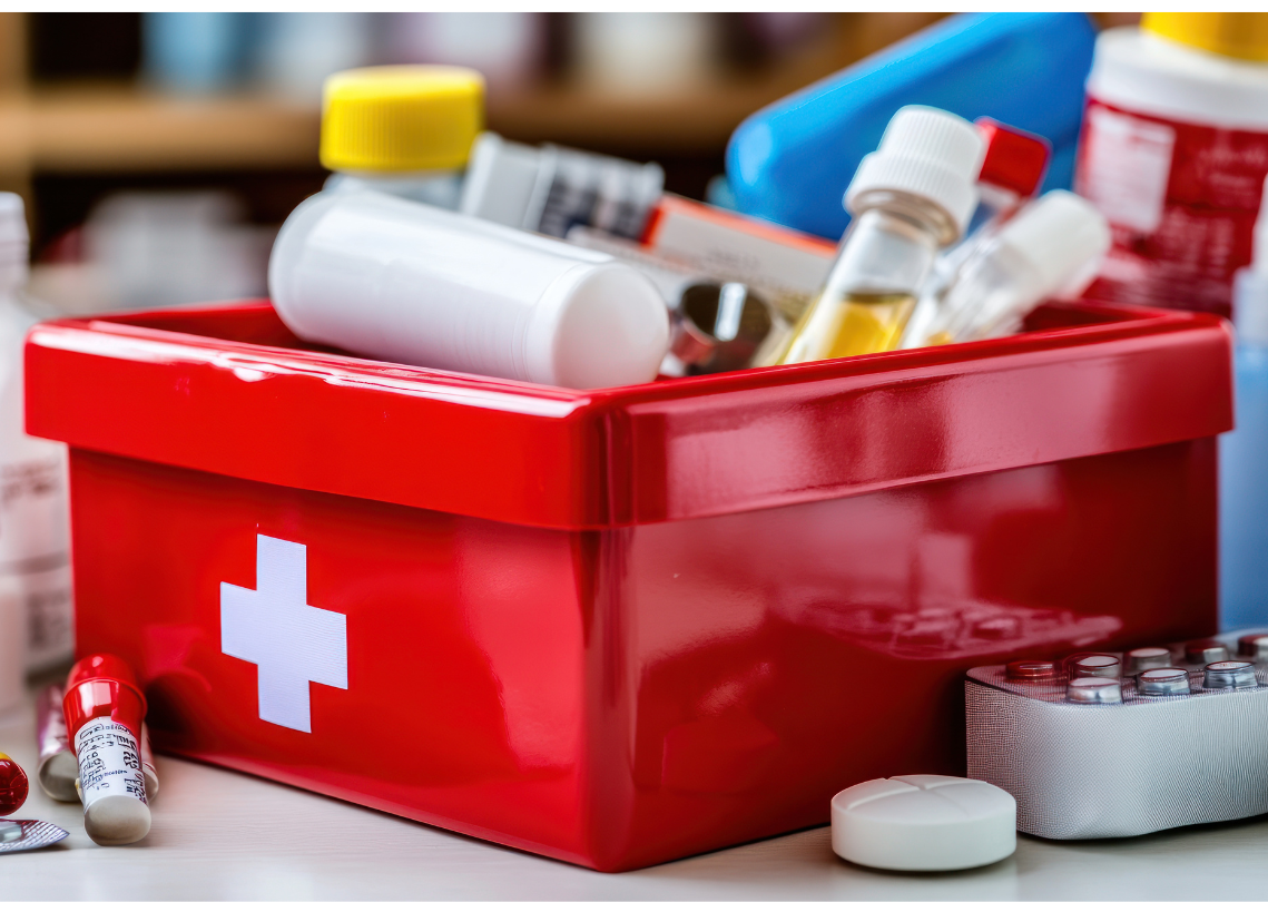 A red first aid box filled with various medical items
