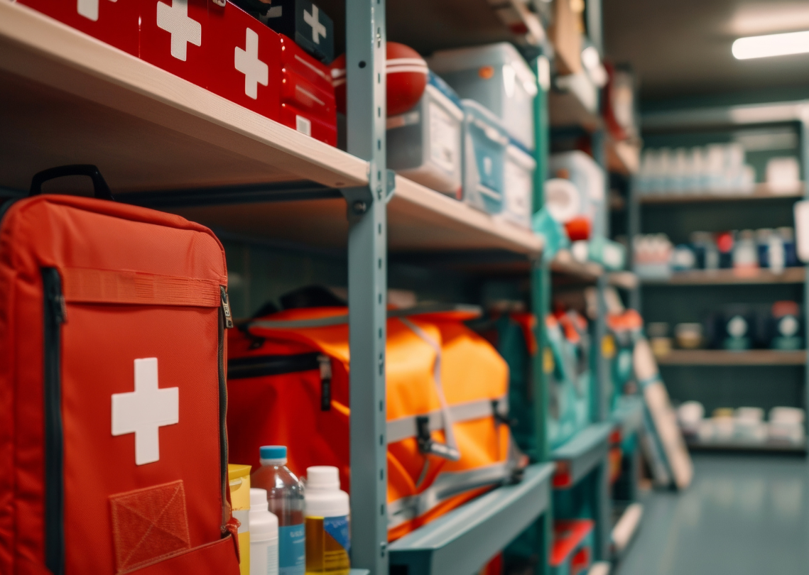 First aid kits on storage shelves.