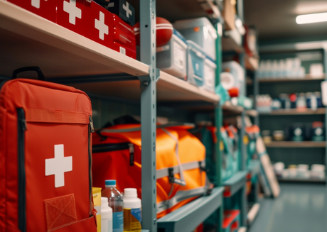 First aid kits on storage shelves.