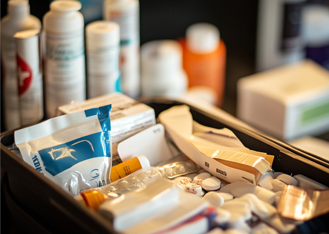 Open first aid kit containing medicines, bandages, and medical supplies.