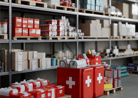 Red first aid kits in a warehouse with medical supplies