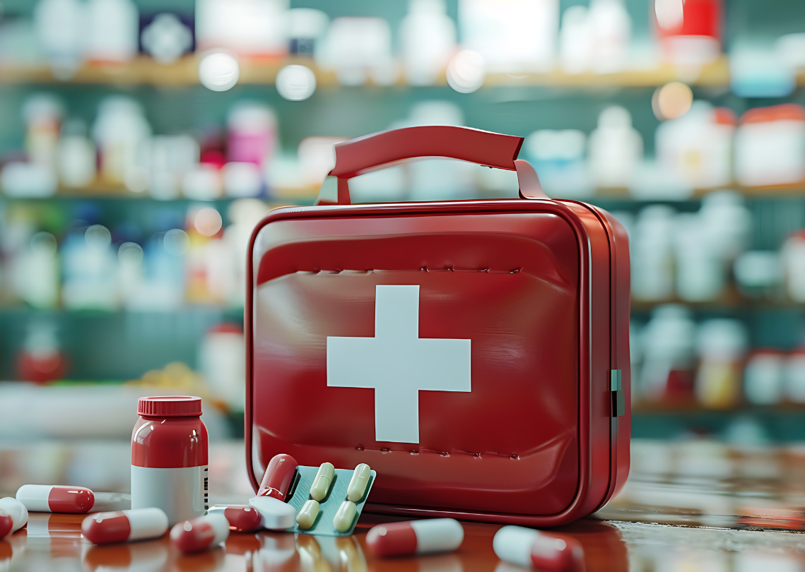 A red medical kit and some pills nearby