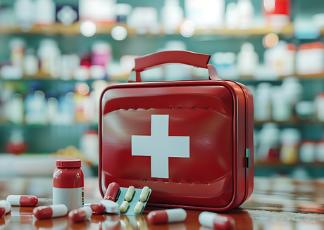 A red medical kit and some pills nearby