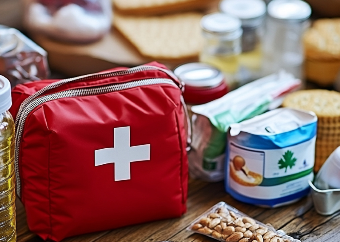 Red first aid kit with emergency supplies on wooden surface