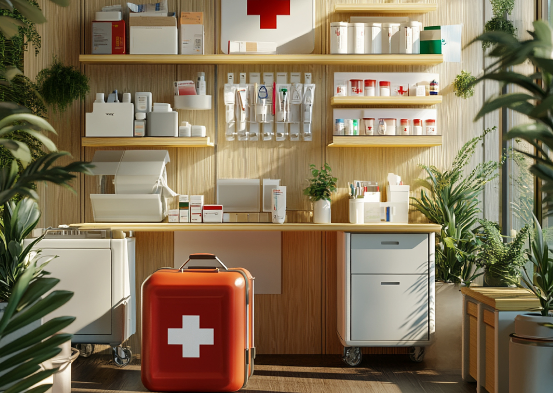 Large red first aid kit near racks 