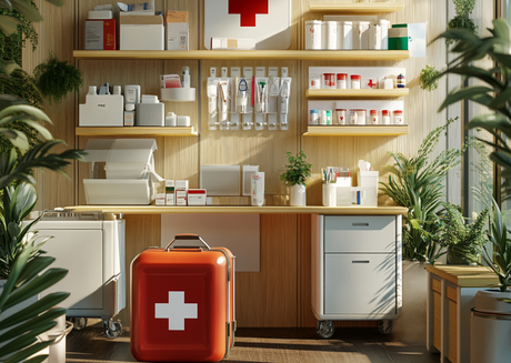 Large red first aid kit near racks 