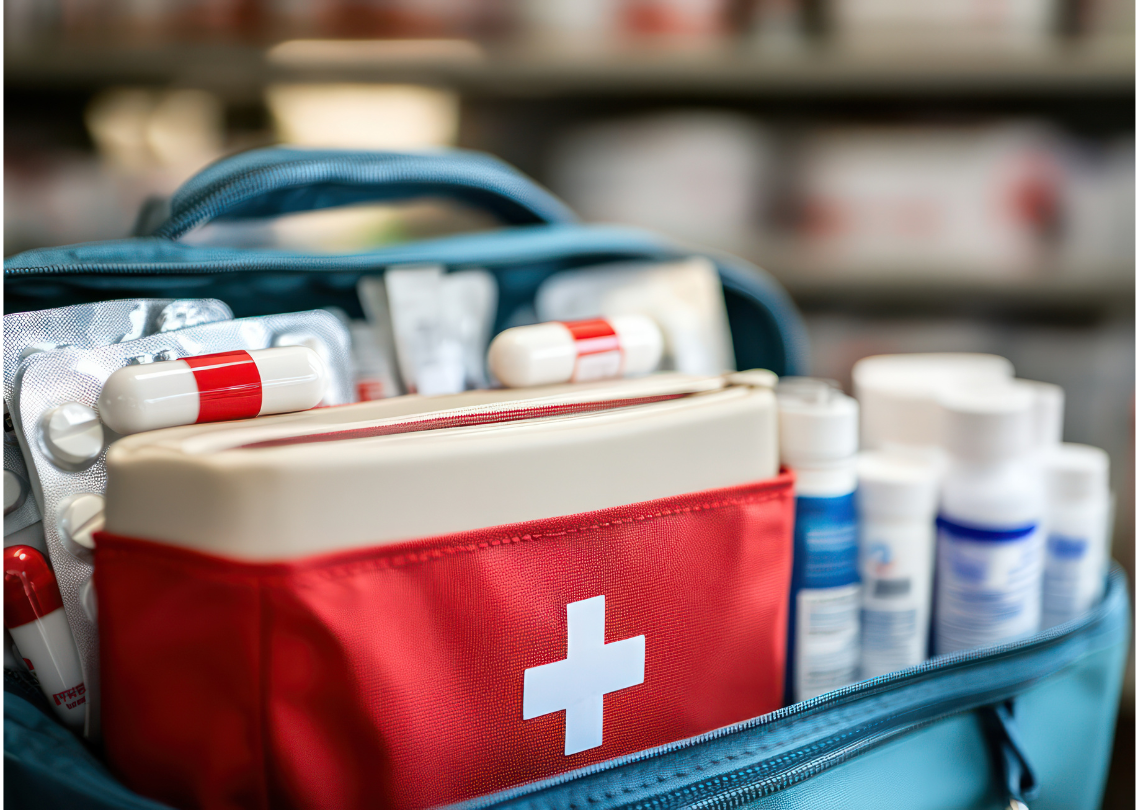 Red first aid bag with pill packs and a bottle on a table.  