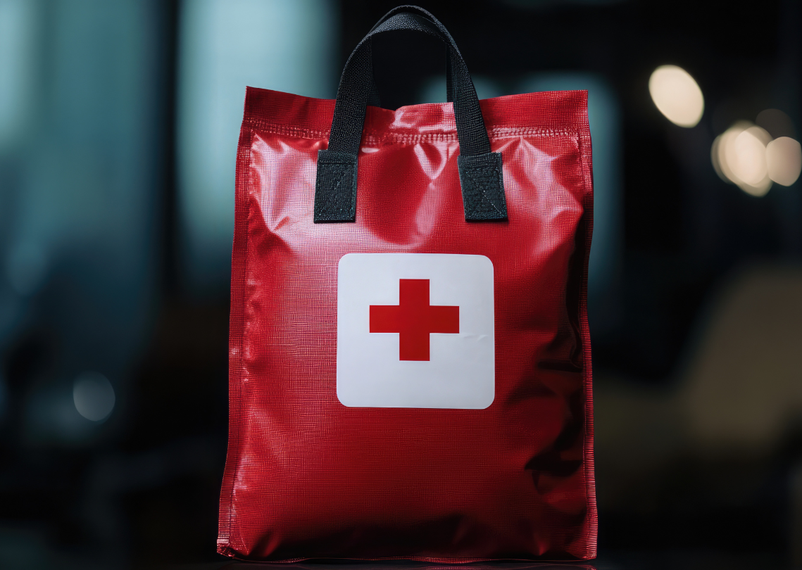 Red medical tote bag with a red cross and black handles